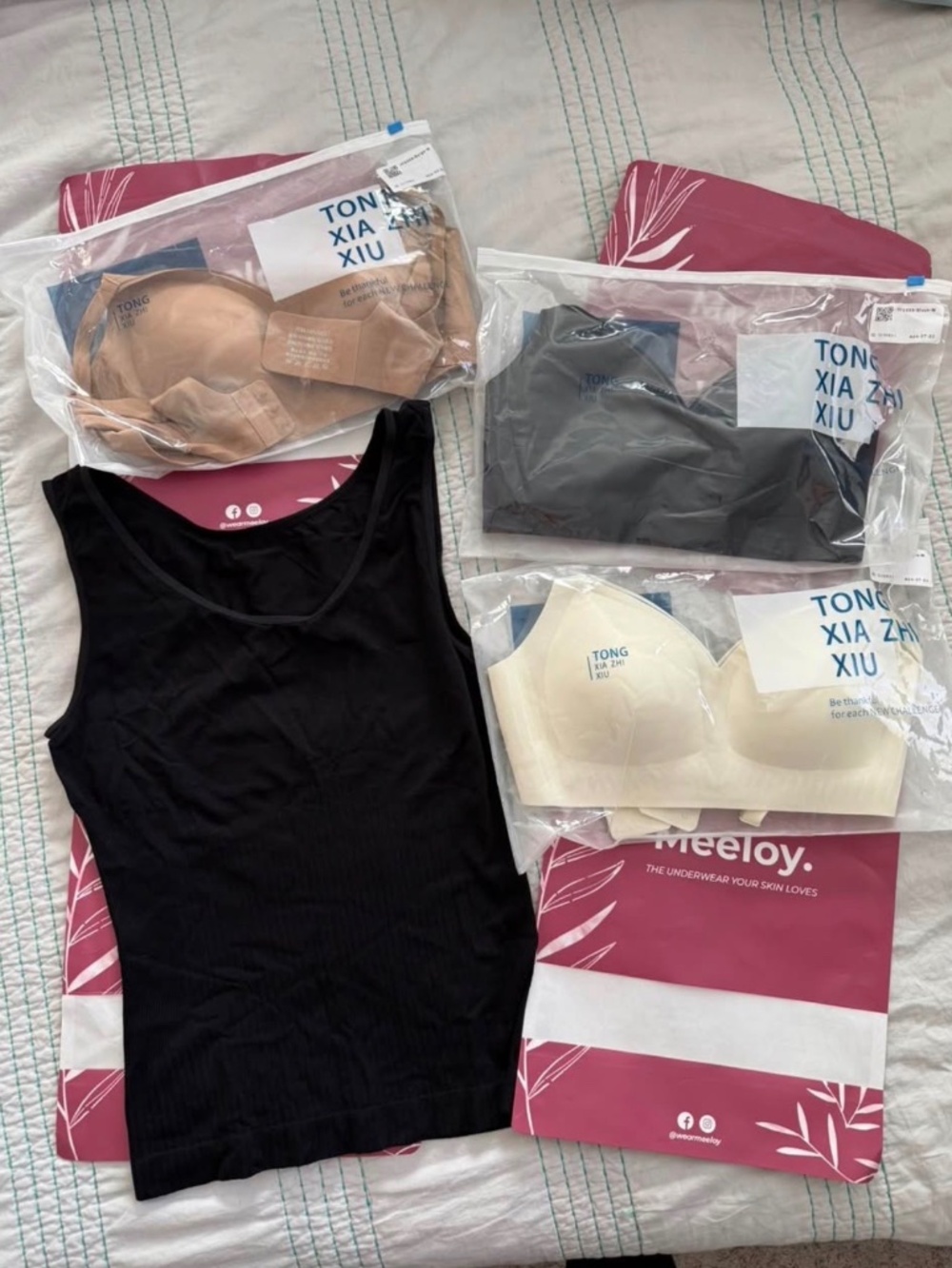 3 brand new Meeloy bras - size medium & black tank - size small